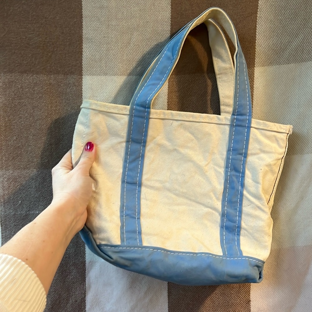 LL Bean Boat & Tote Cream Blue Trim Canvas Double Handles Tote Bag